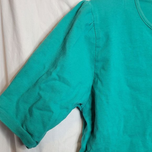 Vintage 80s Button Up Crop Top Short Sleeve Shirt Teal Green Shoulder Pads Large - Picture 5 of 10